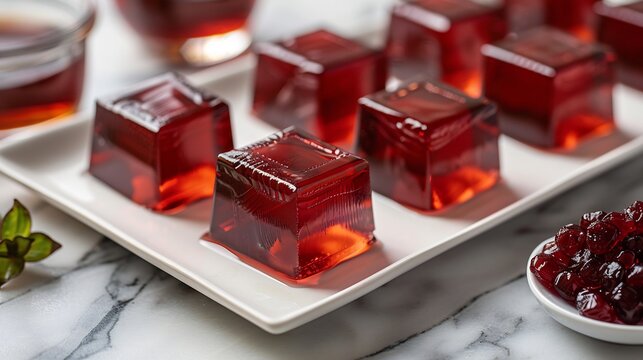 Japanese yokan red bean jelly cut into glossy rectangular blocks arranged white tray