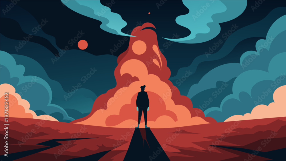 Poster a lone figure standing in front of the billowing smoke gazing up at the massive structure with a mix