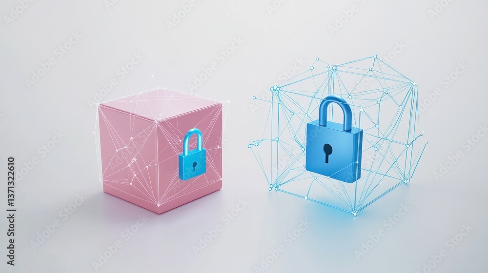 Poster secure data protection pink cube and blue lock with networked security elements