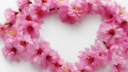 Pink cherry blossom used to create heart shape, on white.