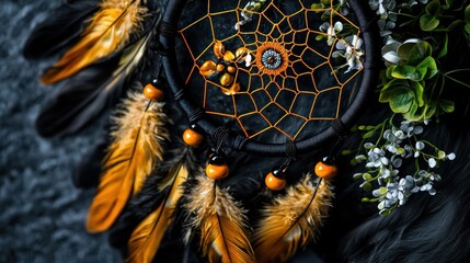 Close-up of a handcrafted dreamcatcher with feathers and beads on a textured background
