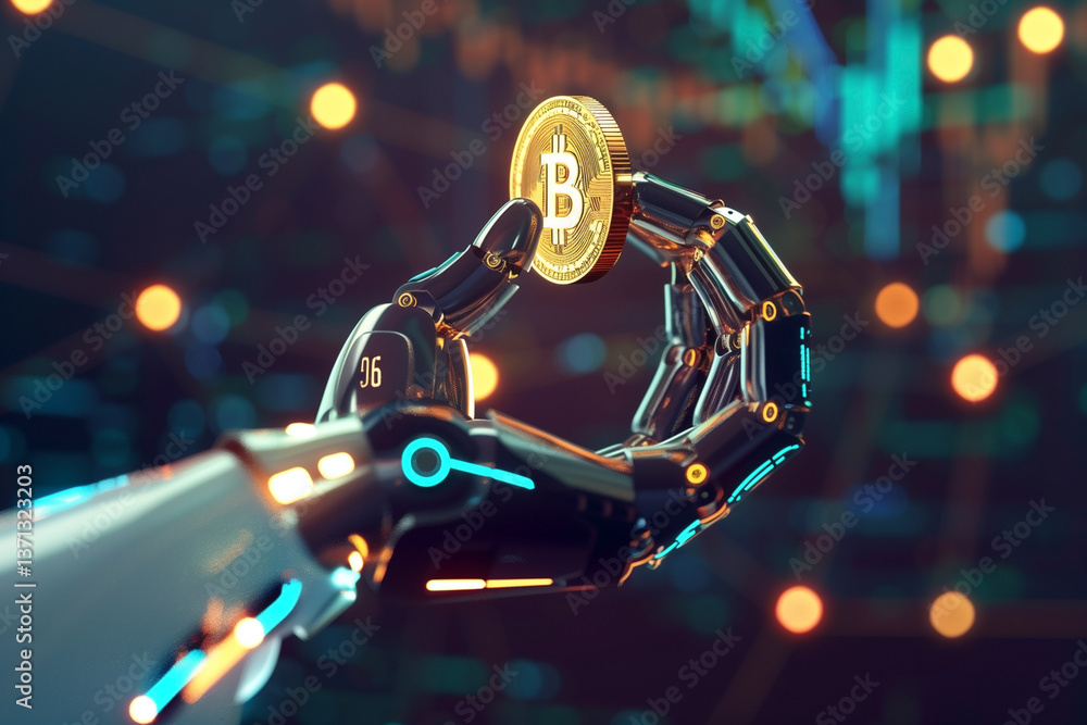 Aufkleber this image features a metallic, futuristic robotic arm holding a golden coin. the dark background wi
