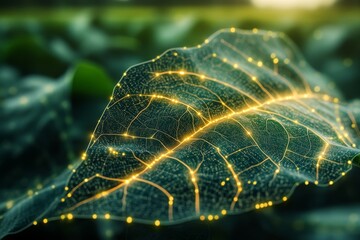 A highly detailed close-up of a bio-engineered leaf, glowing with interconnected light circuits running along its veins