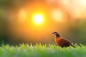 A beautiful bird stands on lush grass, silhouetted against a stunning sunset, creating a serene and peaceful atmosphere.