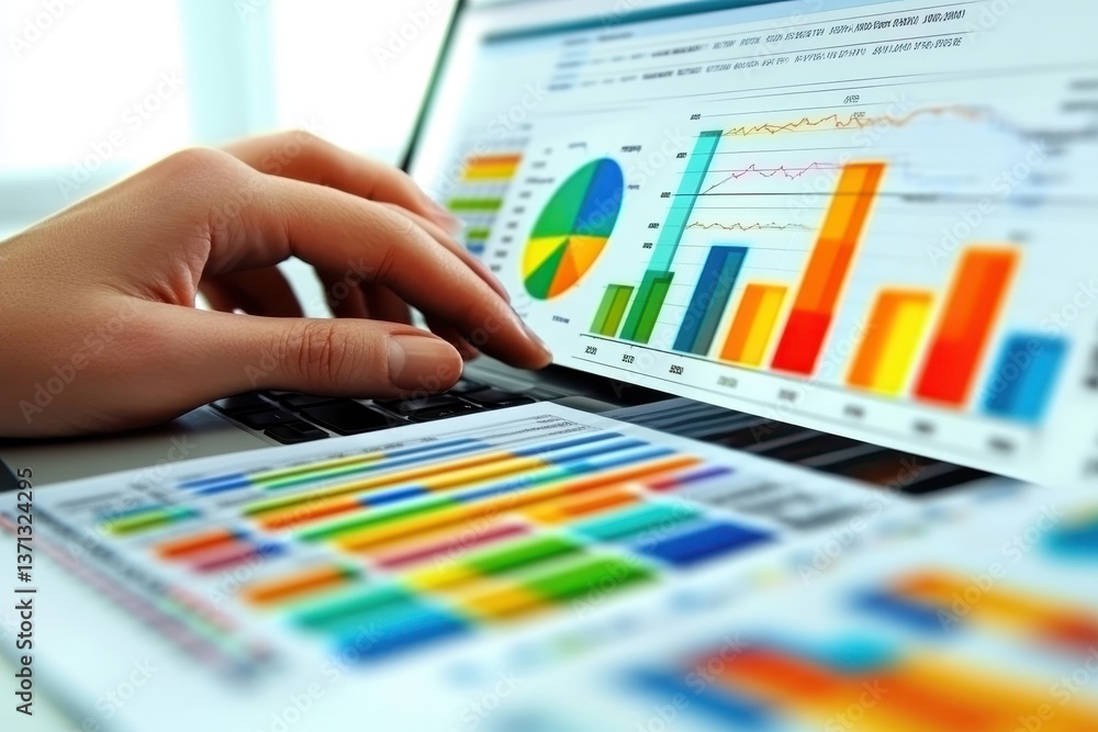 Aufkleber Data analysis and visualization on a laptop screen displaying colorful graphs and charts in an office environment