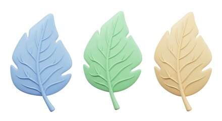 set of 3 3D pastel-colored leaf with detailed veins, on a white background