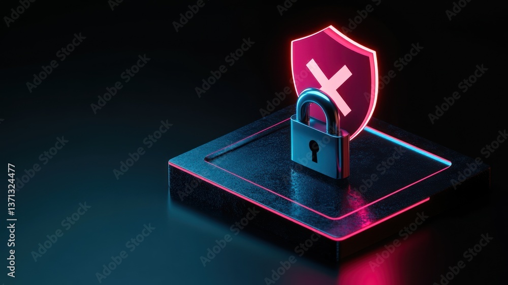 Poster secure digital protection a neonlit lock and shield symbolizing cybersecurity and data safety