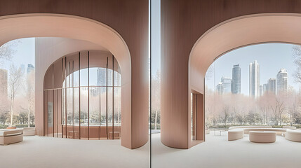 Architectural Photo Of Interior Space With Wooden Arches Minimalist Design And View