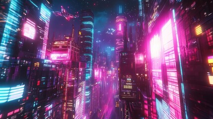 Fototapeta premium Exploring Cyberpunk Cityscape at Night with Neon Glow and Flying Vehicles