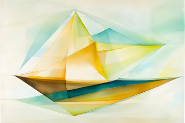 Abstract Watercolor Illustration of Geometric Boat with Yellow Blue and Teal Shapes