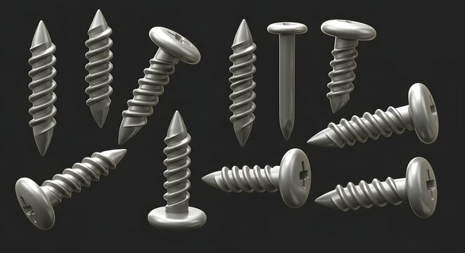 3D Render: Collection of Sharp-Pointed and Flat-Head Screws & Nails