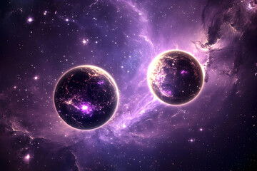 Obraz premium Cosmic Planets Amidst Purple Nebula in a Starry Galaxy Photo