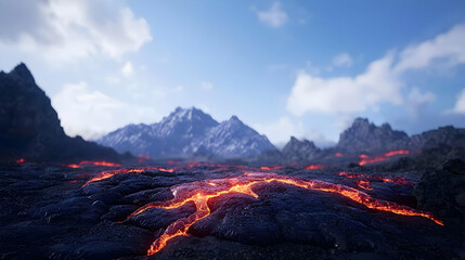 Fototapeta premium Lava Flow Among Mountains Under Sunny Sky