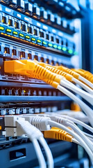 Detailed Photo of Network Server Rack Cables with Orange and White Wires