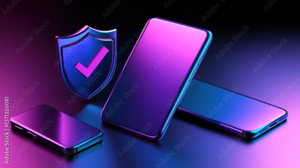 Aufkleber secure mobile devices with protective shield icon cybersecurity and technology concept