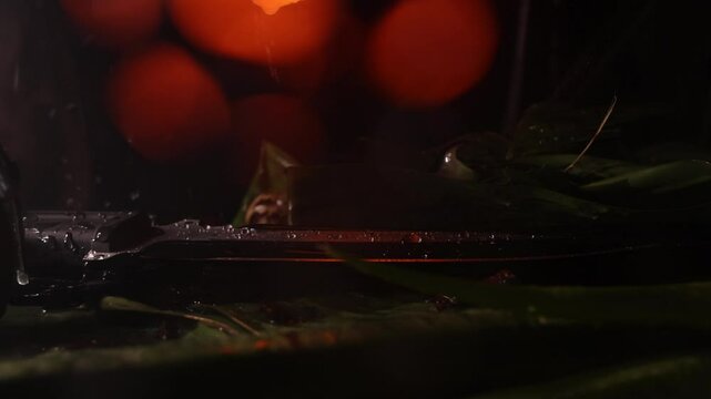 Slow  motion 4k jungle miltary scene knife and hand grenage with camera dolly movement and rain - camera passes knife and ends at hand grendage in a rainy close up in an jungle setting