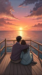 Fototapeta premium Couple Watching Sunset on a Wooden Dock, Romantic Evening
