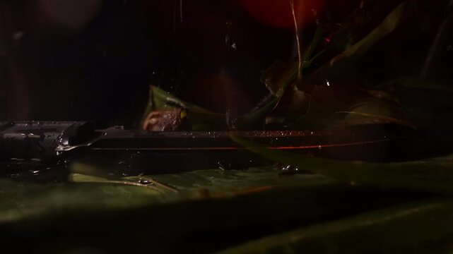Slow  motion 4k jungle miltary scene knife and hand grenage with camera dolly movement and rain - close up stoic scene of knife in rain lying on palm leaves