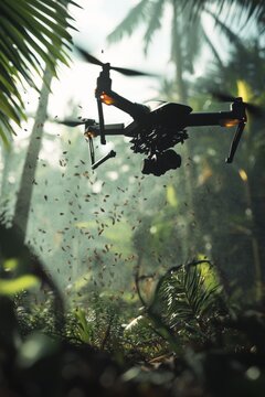 a close up of a drone dropping seeds and assisting with the deforestation of Aseer 4K hyper realistic 