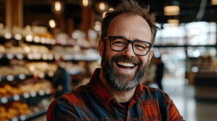 Fototapeta premium A happy man with a beard and glasses smiles broadly in a store The background is blurred showing shelves of food prod