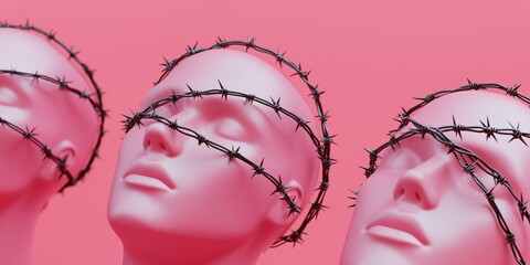 Minimal surreal scene of pink mannequin heads with closed eyes, wrapped in tight black barbed wire symbolizing silence and oppression.
