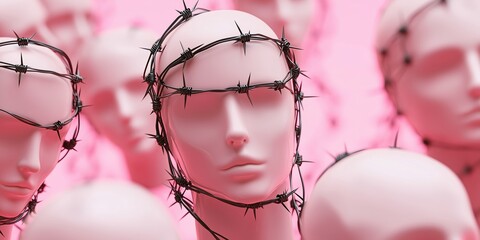 Minimal surreal scene of pink mannequin heads with closed eyes, wrapped in tight black barbed wire symbolizing silence and oppression.
