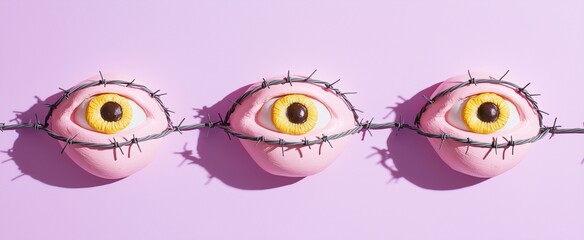 Conceptual 3D artwork of human-like eyes embedded in a pink barbed wire grid, symbolizing control, surveillance, and constraint.
