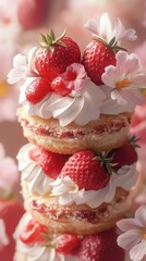 Obraz premium A stack of strawberry shortcakes with fluffy whipped cream and delicate white flowers