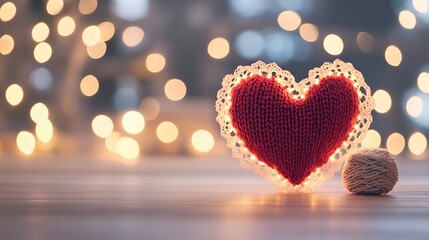 A romantic knitted heart is illuminated with soft bokeh lights