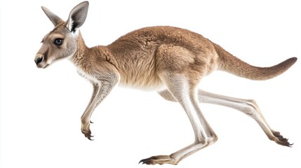 Young Kangaroo Running with Grace Against a White Background