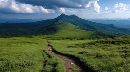 Lush mountain path through vibrant green meadows.  A scenic trail winding through a grassy high-altitude plateau, leading to a distant mountain range under a partly cloudy sky