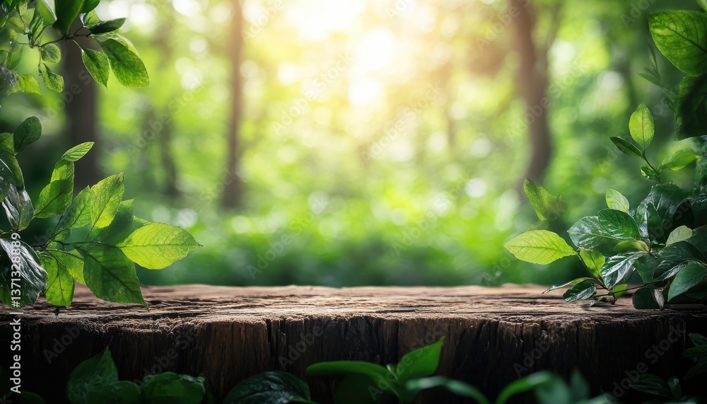 Poster Sunlight filtering through trees illuminates a rustic wooden table in a tranquil forest setting during early morning hours