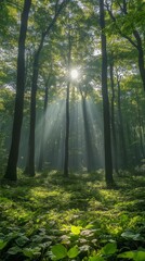 Obraz premium A spring forest with young green foliage and sun rays breaking through the tree canopies