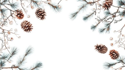 Natural spring tree background with light teal pine tree branches and brown cones