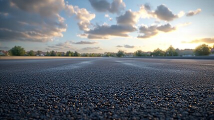 Fototapeta premium Serene sunset view over a freshly paved road, with a suburban landscape in the background