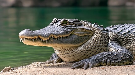 Fototapeta premium Crocodile resting by riverbank.