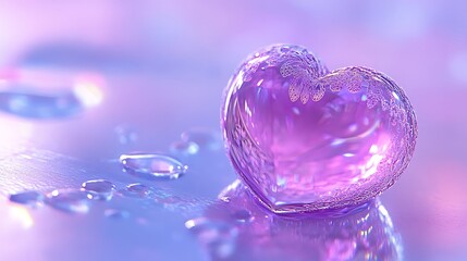 A beautiful purple heart surrounded by clear water droplets on a surface