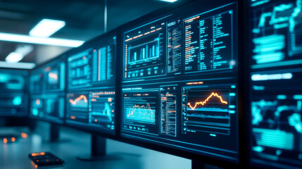 A high-tech display of multiple screens showcasing colorful data analytics and graphs in a futuristic environment.