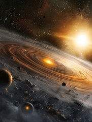 planetary system forming from a protoplanetary disk exhibiting different stages of planetary evolution amidst the radiant glow