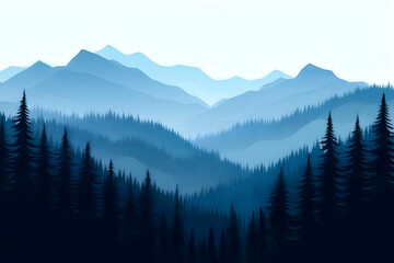 Fototapeta premium Illustration of Blue Mountain Layers and Forest Silhouette Scenery