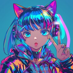 A girl anime-style character with cat ear headphones and multi-colored hair in neon colors. The pop-art style background