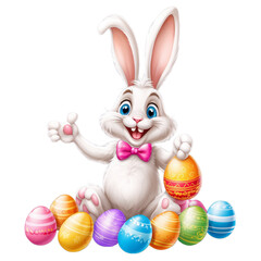 Carricature lapin blanc content avec des oeufs de Pâques colorés. Fond transparent.