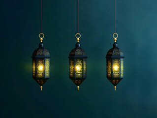 Hanging Ornate Lanterns with Golden Glow on Teal Backdrop Photo Illustration