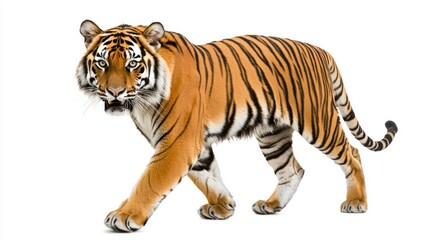 Obraz premium Majestic Bengal Tiger Walking Gracefully on White Background