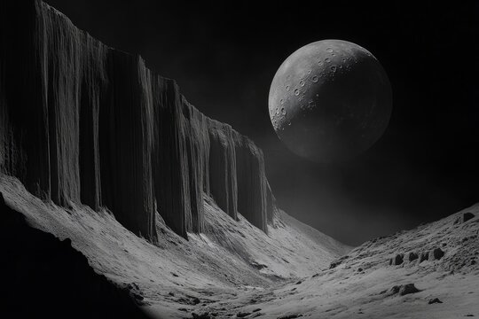 A rocky, alien landscape with towering cliffs under a large moon, depicted in black and white with dramatic lighting
