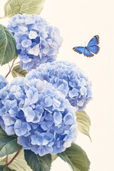 Blue hydrangea, blue white color scheme, many dense hydrangeas blooming with green leaves, butterfly dancing, light beige background, rectangle, watercolor style, high resolution, details, professiona