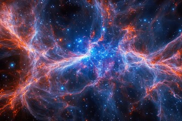 galaxy cluster connected by filaments, the cluster glowing in outrageous shades of cosmic fire, sprinkled with fiery blue and pale stars like diamond dust