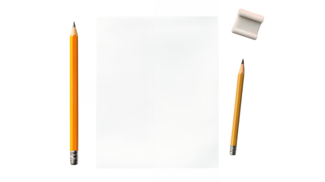 Sheet of white paper with a wooden pencil and a rubber eraser isolated on a transparent background