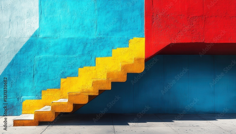 Poster vibrant urban stairs with bold colors and geometric patterns in a lively city setting during bright 