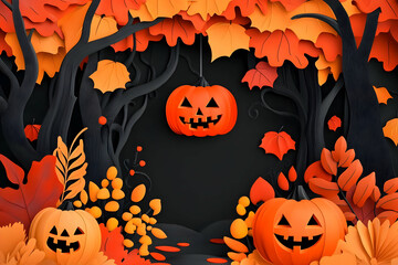 Illustration Of Halloween Scene With Orange Pumpkins And Autumn Leaves In The Forest